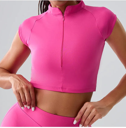 Zipper Sports Crop Top Women Short Sleeve Yoga Top Shirts Light Weight Gym Push Up Top Sports Shirt Running Workout Crop Tops