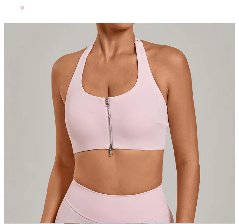TRY TO BN Yoga Sports Bra Women's Zipper Halter Neck Naked Feeling Backless Underwear Fitness Tops Workout Running Gym Clothing