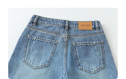 CHIC VEN Women Jeans Blue Loose Casual Solid New Retro Cotton Wide Leg Denim Pants Female Trousers Spring Autumn 2025