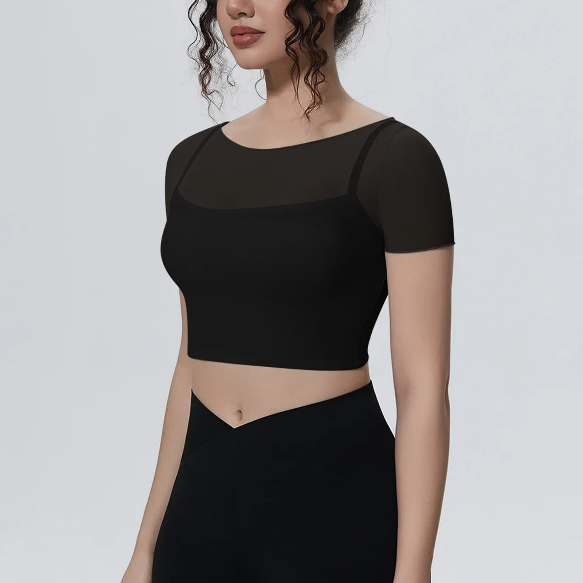Hearuisavy Women's Mesh Short Sleeve Yoga Top With Padded Bra Fake Two Piece Gym Clothing Quick Dry Sports Crop Top Fitness Top