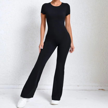 Women's Tracksuit Yoga Set Backless Jumpsuits Back V One Piece Fitness Rompers Short Sleeves Sportswear Gym Set Workout Clothes