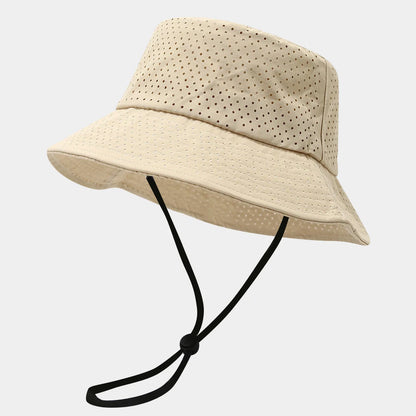 Summer Sun Hat Men Women Quick-Drying Mesh Panama Outdoor Flat Top Bucket Hat Mesh Breathable Fisherman Capwith Windproof Rope