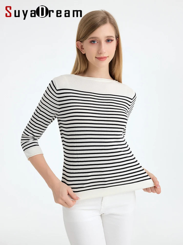 SuyaDream, Striped Pullovers for Woman, Round Neck, 45%Silk 55%Lyocell, 3/4 Sleeves, Chic Sweaters, 2025 Fall Winter Top, Black