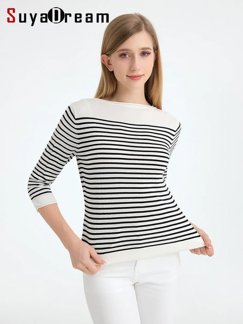 SuyaDream, Striped Pullovers for Woman, Round Neck, 45%Silk 55%Lyocell, 3/4 Sleeves, Chic Sweaters, 2025 Fall Winter Top, Black