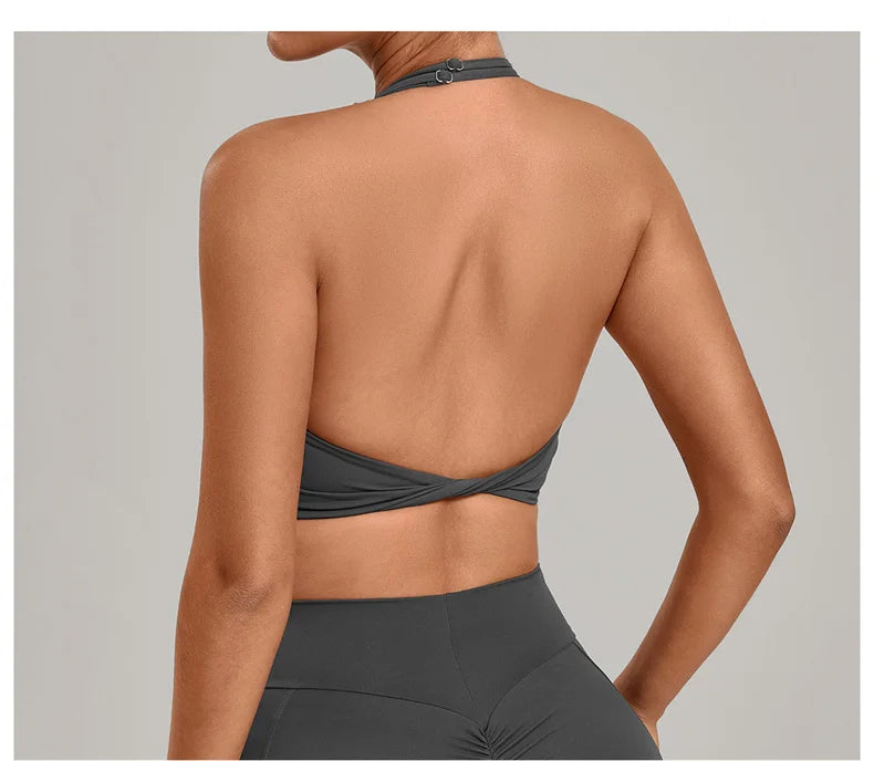 TRY TO BN Yoga Sports Bra Women's Zipper Halter Neck Naked Feeling Backless Underwear Fitness Tops Workout Running Gym Clothing