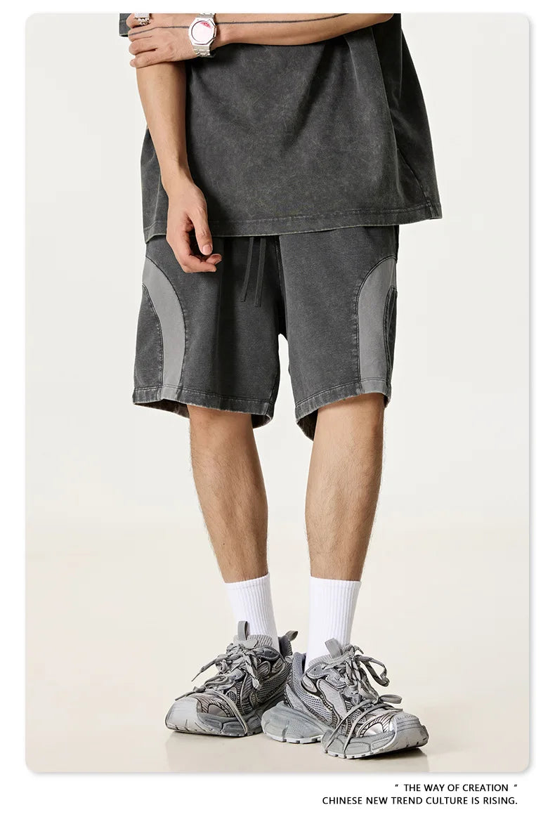 Customized LOGO men's summer European and American hip-hop style splicing contrasting shorts loose straight five-point pants