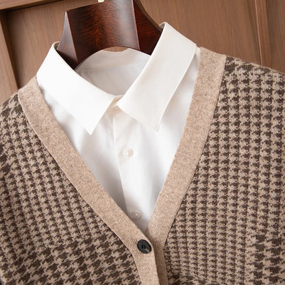Men's V-Neck Cardigan Business Casual Jacquard Thickened Jacket 100% Merino Wool Knit Coat Autumn Winter Warmth Men's Clothing