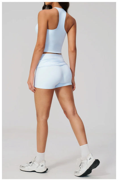 TRY TO BN Two Pieces Women's Tracksuit Vest Sling Top Set Fold-over Waist Yoga Shorts Hip Lifting Running Fitness Gym Activewear