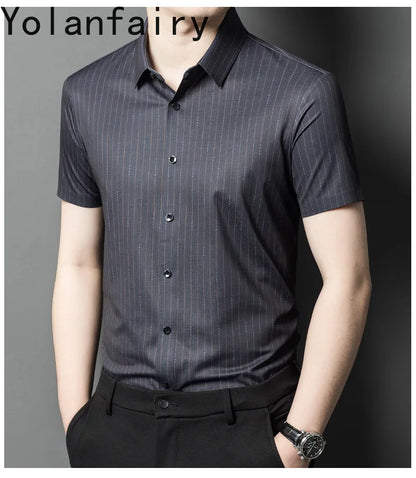 YOLANFAIRY Mulberry Silk 7.8% Summer Shirts for Men Short Sleeve Shirt Men Mens Clothing Camisas De Hombre Verano 2024 Tops