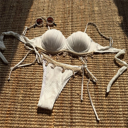 New Shell Scalloped Ribbed Underwired Bikini Female Swimsuit Women Swimwear Two-pieces Bikini set Bather Bathing Suit Swim V6498