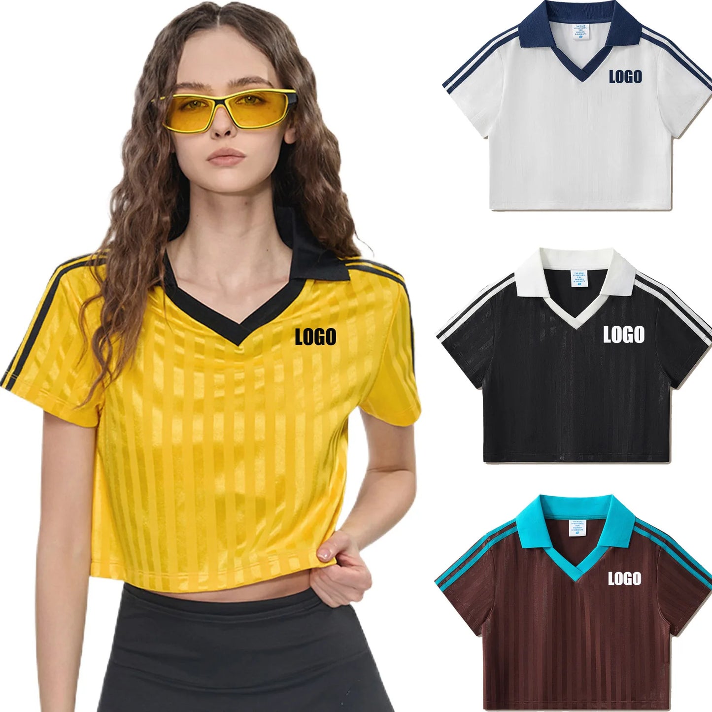Customized LOGO Women's Spice Girls V-Neck Football Sports T-Shirt Patch Striped Casual Retro Short Sleeve Top