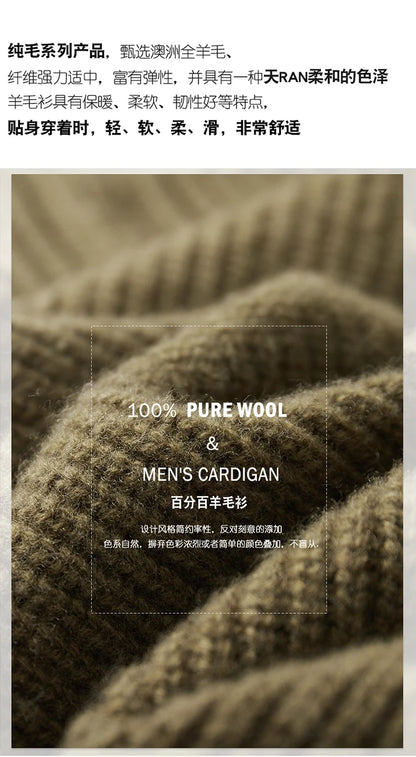 High Quality Men 100% Wool Sweater Turn Down Collar Zippers Pullover 2025 Autumn/Winter Thickened Soft Warm Knitwear Jumper Tops