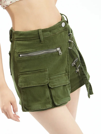 DEAT Fashion Women's Denim Shorts High Waist Zipper Lace Strap Pockets Fake 2 Pcs Green Shorts Skirts Summer 2024 New 17A6200