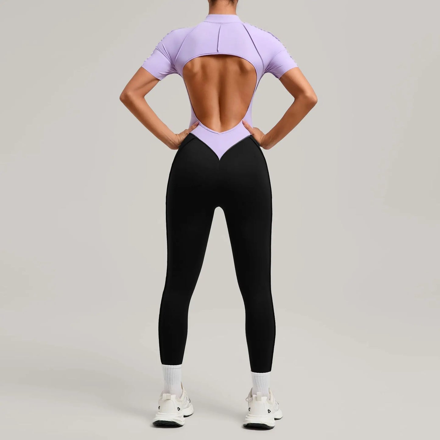 SOISOU Zipper Jumpsuit Women Nylon Clothing Sportswear Woman Gym Yoga Sport Sets Short Sleeve Workout Sets Women Tracksuit