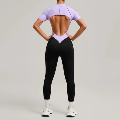SOISOU Zipper Jumpsuit Women Nylon Clothing Sportswear Woman Gym Yoga Sport Sets Short Sleeve Workout Sets Women Tracksuit