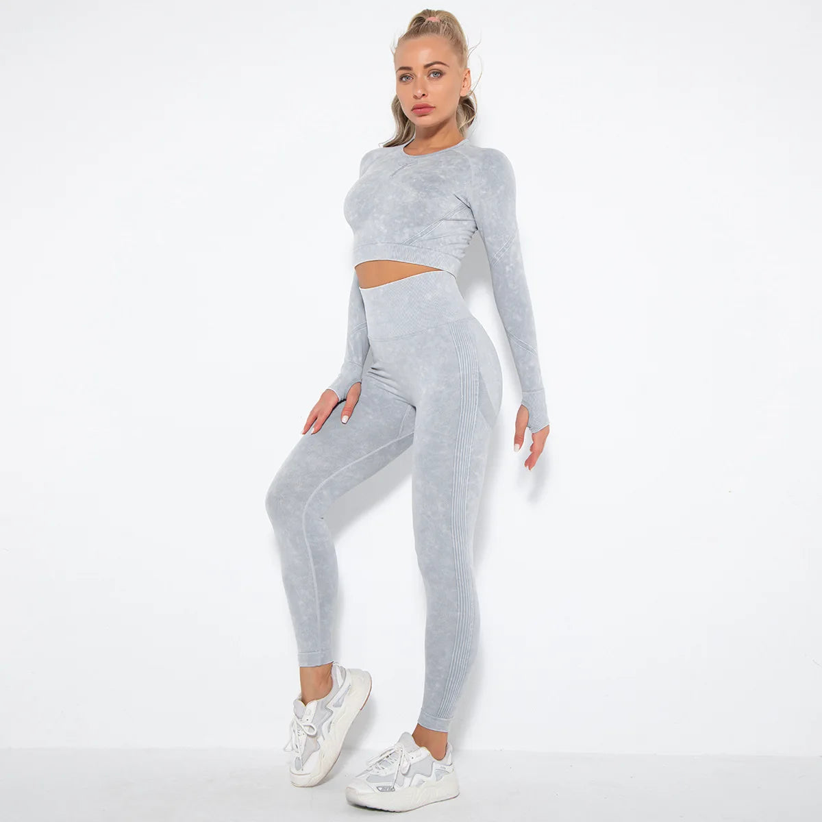 Women Seamless Tracksuit Yoga Set 2PCS Workout Clothes Athletic Wear Gym Legging Fitness Bra Crop Top Long Sleeve Sports Suits