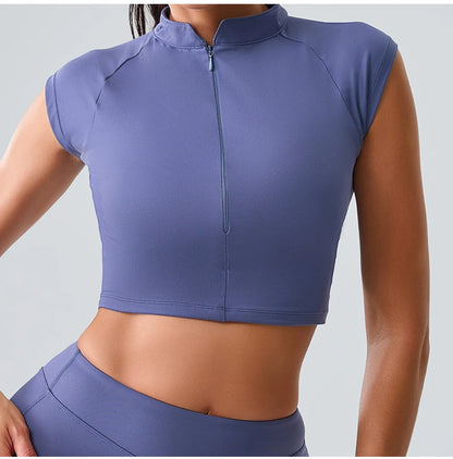 Zipper Sports Crop Top Women Short Sleeve Yoga Top Shirts Light Weight Gym Push Up Top Sports Shirt Running Workout Crop Tops