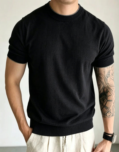 Light Luxury Cashmere Blend Anti Pilling Knitted Short Sleeved Round Neck T-shirt for Men, Retro Casual Business Summer Shirt
