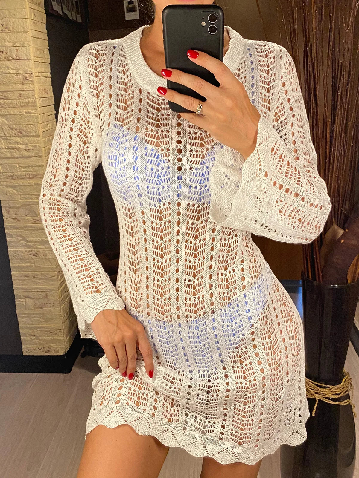 4 Colors Long Sleeve Backless Crochet Knitted Tunic Beach Cover Up Cover-ups Beach Dress Beach Wear Beachwear Female Women V5692