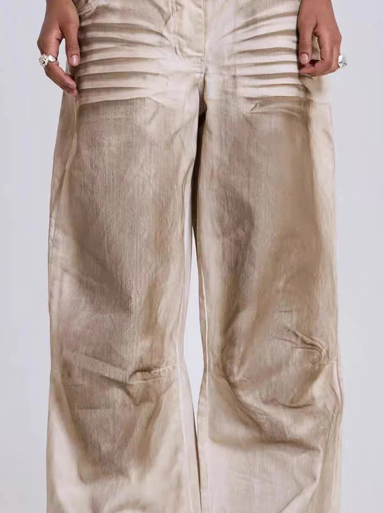 DEAT Fashion Dirty Dyed Jeans Women's High Waist Loose Straight Wide Leg Denim Pants Summer New 7A609