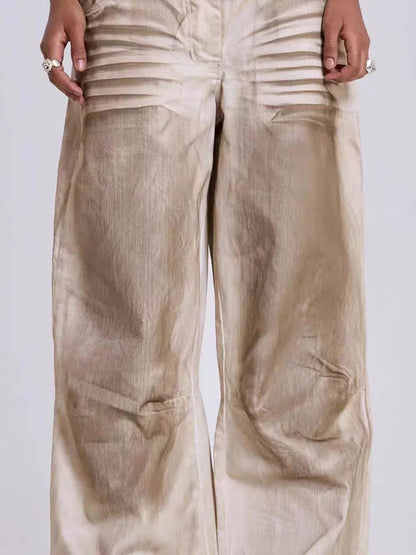 DEAT Fashion Dirty Dyed Jeans Women's High Waist Loose Straight Wide Leg Denim Pants Summer New 7A609