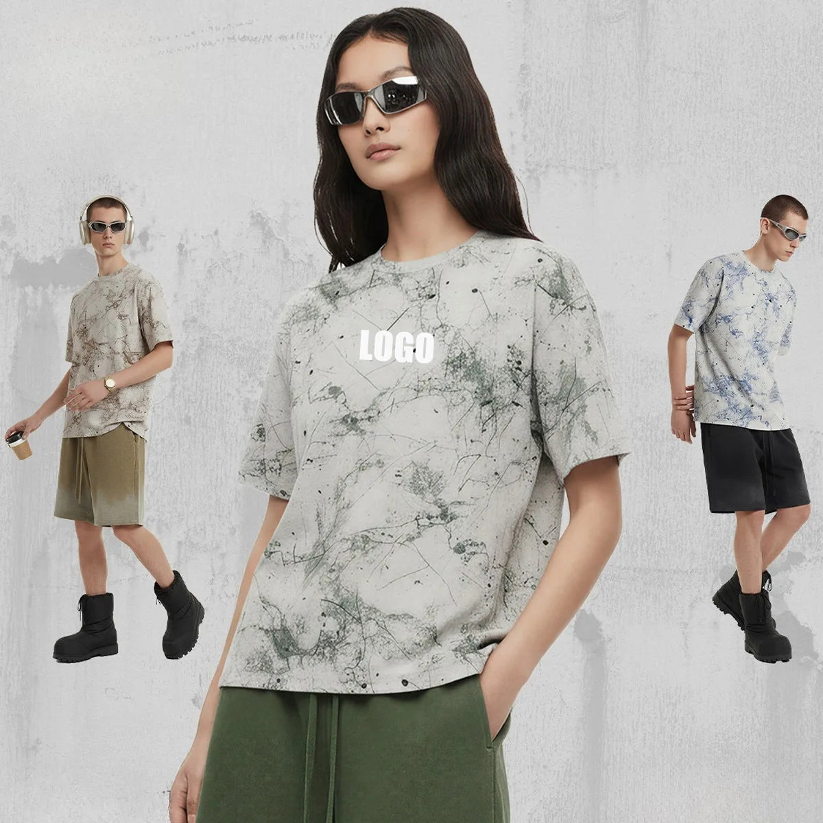 Custom LOGO Men's Women's 200G Rendering Hanmei Blended Burnt Flower Cotton Polyester Short Sleeve T-Shirt Casual Couple Top