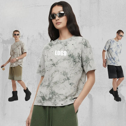 Custom LOGO Men's Women's 200G Rendering Hanmei Blended Burnt Flower Cotton Polyester Short Sleeve T-Shirt Casual Couple Top