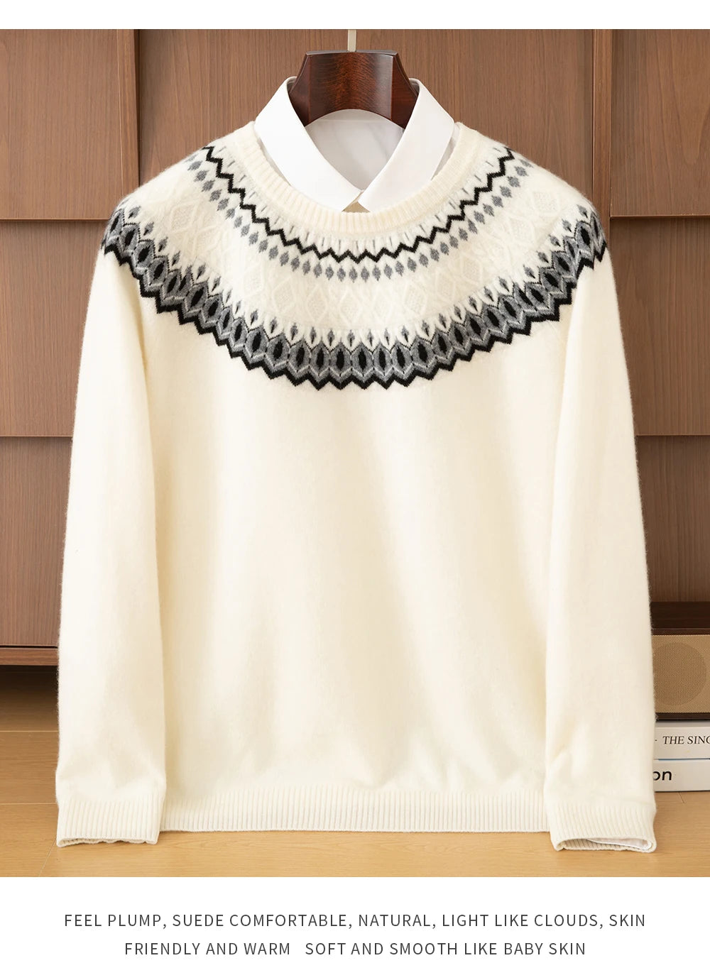 Autumn Winter 100%Wool Knit Pullover Men's O-Neck Color Block Sweater Jumper Fashion Thicken Loose Tops Clothing Warm Base Shirt