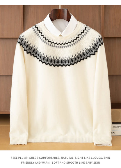 Autumn Winter 100%Wool Knit Pullover Men's O-Neck Color Block Sweater Jumper Fashion Thicken Loose Tops Clothing Warm Base Shirt