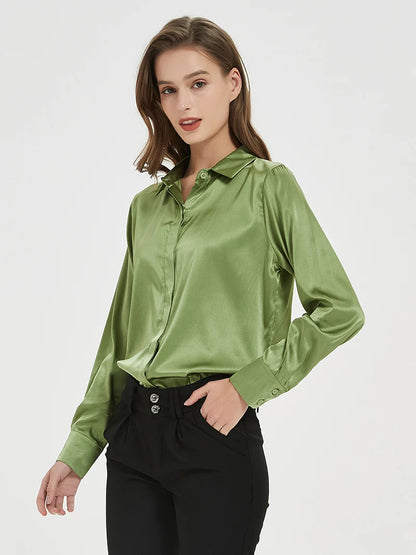 SuyaDream Woman Solid Shirts 93%Real Silk 7%Spandex Long Sleeves Chic Blouses, 2025 Spring Autumn Office Lady Top