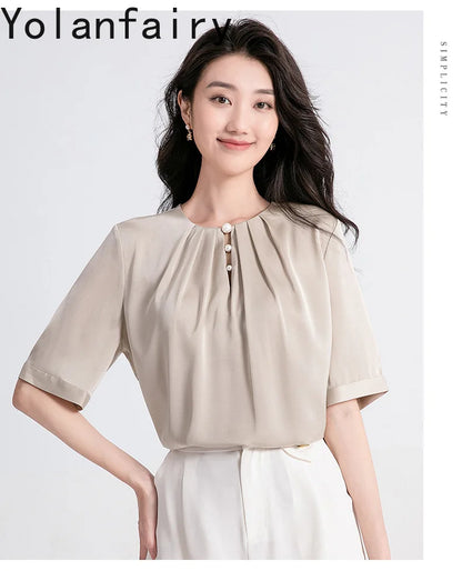 YOLANFAIRY 100% Natural Mulberry Silk T Shirts Woman Clothing 2026 Summer Loose Fashion T Shirt Elegant Womens Tops Short Sleeve