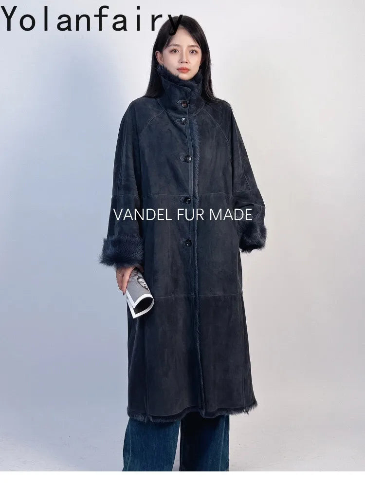 YOLANFAIRY Real Goatskin Leather Fur Coats for Women Winter High-end Natural Fur Coat Lazy Style Long Leather Jacket Luxury Wear