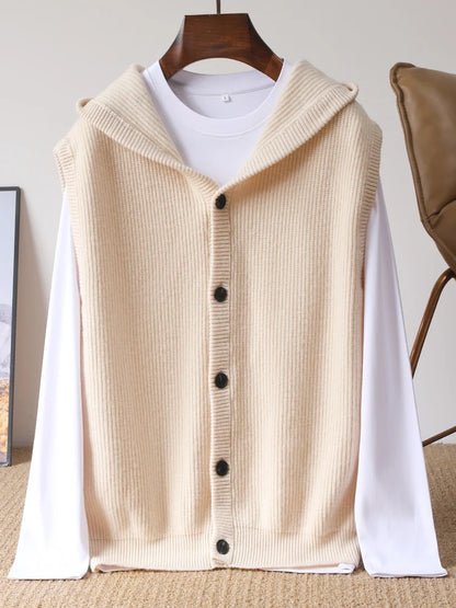 2025 Autumn/Winter Men's Vest 100% Merino Wool Knit Hooded Cardigan Casual Loose Sleeveless Solid Color Men's Cashmere Sweater