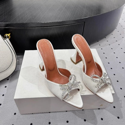 New Bow Rhinestone High-heeled Sandals Sexy Open-toed Fish Mouth Pointed Rear Empty Cool Slippers Women