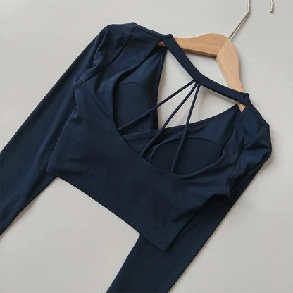 Yoga Top with Chest Pads Cross V-Neck Long Sleeves Women's Slim-Fit Running Training Cropped Navel-Baring Pilates Top  Fitness