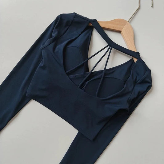Yoga Top with Chest Pads Cross V-Neck Long Sleeves Women's Slim-Fit Running Training Cropped Navel-Baring Pilates Top  Fitness