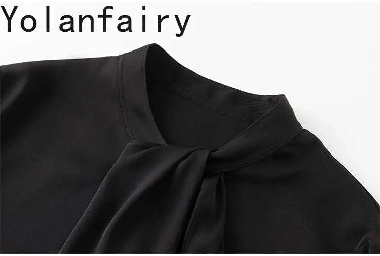 YOLANFAIRY 93% Real Mulberry Silk Shirts for Women Spring 2026 Elegant Solid Long Sleeve Shirt Woman Top Ribbon OL Blouses Trend