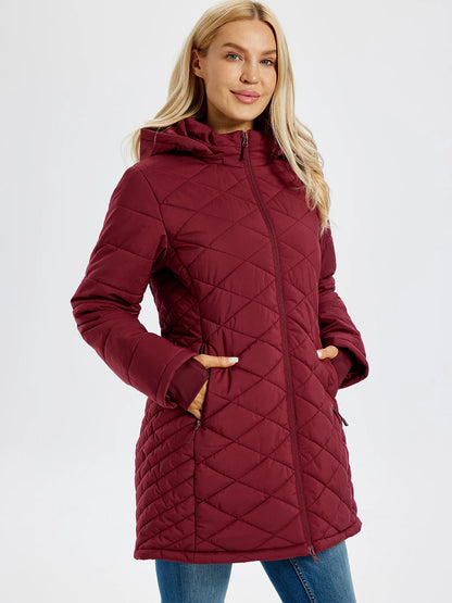 TACVASEN Womens Long Quilted Puffer Hood Jackets Winter Lightweight Warm Insulated Coat Windproof Waterproof Parkas with Pockets