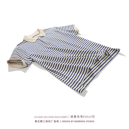 Summer Men's T-shirt, Sea Soul Polo Shirt, Short Sleeved Men's Cotton Loose Casual Striped T-shirt, Fashionable Men's Clothing