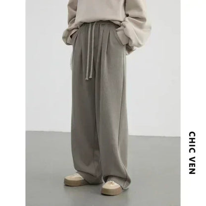 CHIC VEN Women's Pant Streetwear Solid Loose New Drawstring Sports Casual Trousers High Waisted Pants Autumn Winter 2025