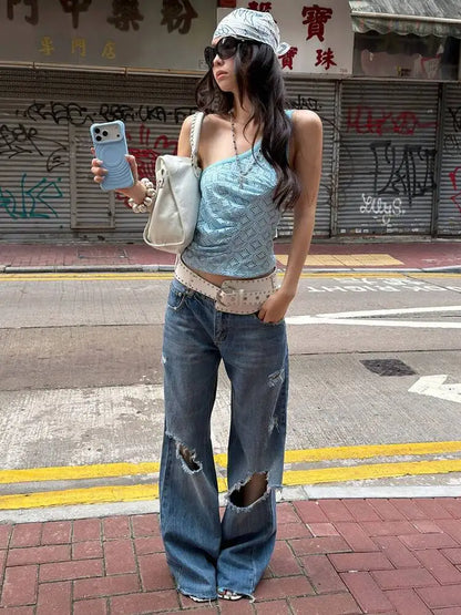 DEAT Fashion Distressed Ripped Wide Leg Jeans Women's Low Waist Frayed Hem Blue Denim Pants Summer New 7A4508