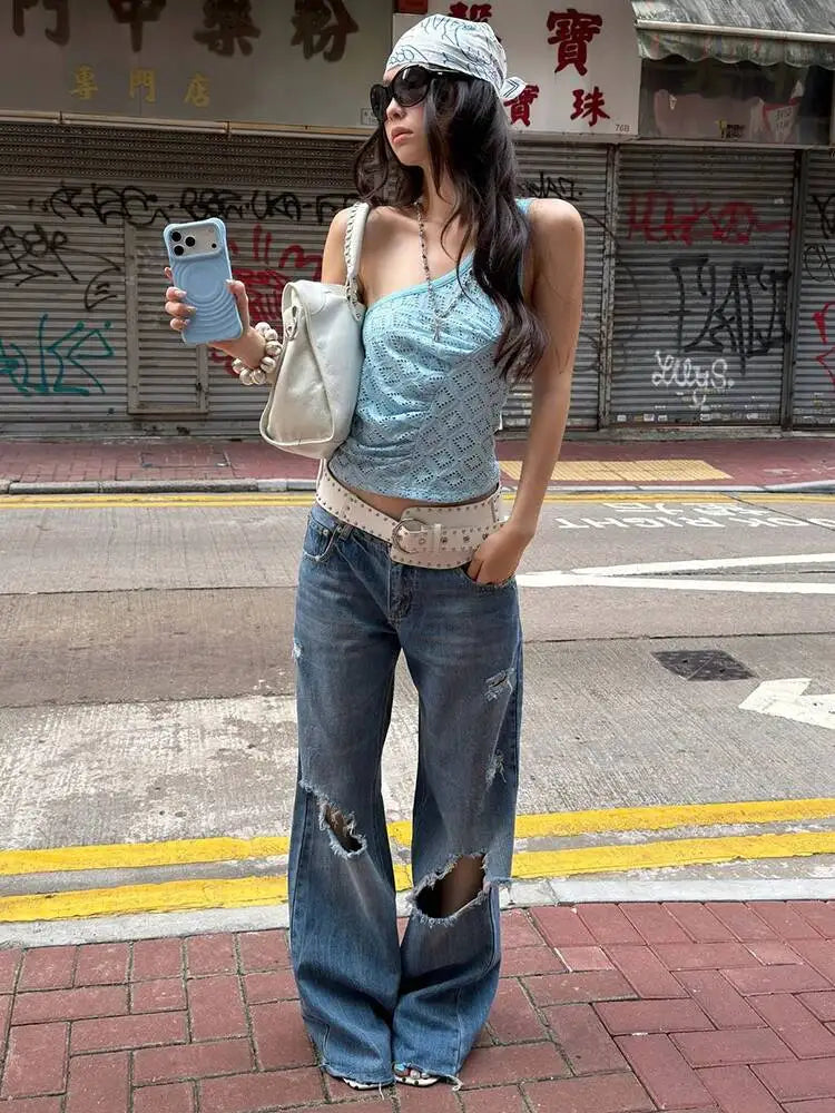 DEAT Fashion Distressed Ripped Wide Leg Jeans Women's Low Waist Frayed Hem Blue Denim Pants Summer New 7A4508