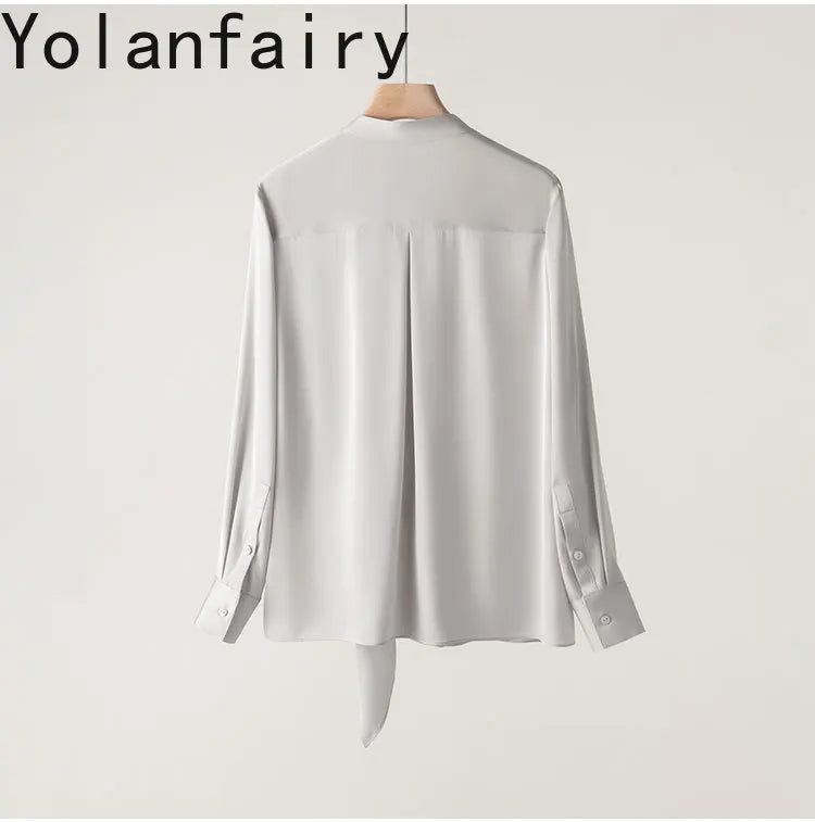 YOLANFAIRY 93% Real Mulberry Silk Shirts for Women Spring 2026 Elegant Solid Long Sleeve Shirt Woman Top Ribbon OL Blouses Trend