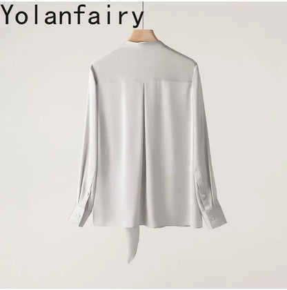 YOLANFAIRY 93% Real Mulberry Silk Shirts for Women Spring 2026 Elegant Solid Long Sleeve Shirt Woman Top Ribbon OL Blouses Trend
