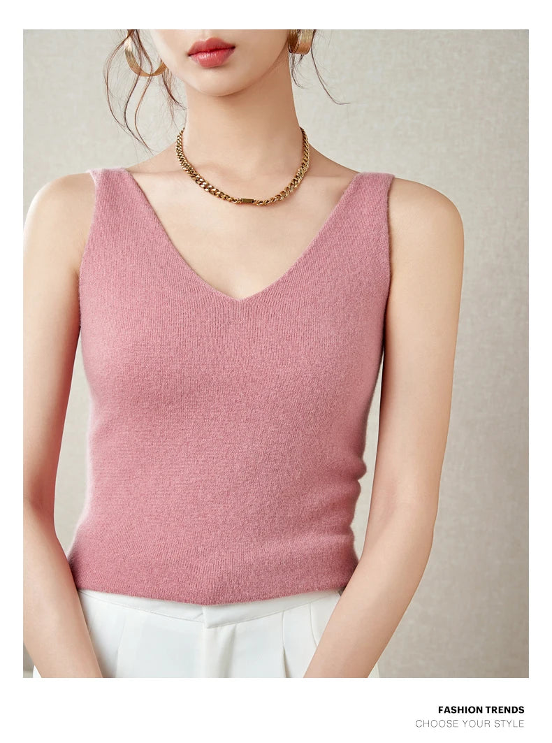 Women's Spring and Autumn 2026 New 100% Merino Wool V-Neck Pullover Knitted Suspender Casual Soft Inner Vest Women's Clothing