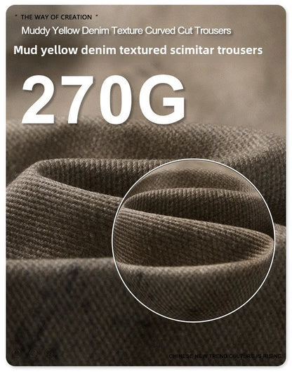 Custom LOGO men's 270G pure cotton high street retro casual pants scimitar denim texture mud yellow old loose wide-leg pants