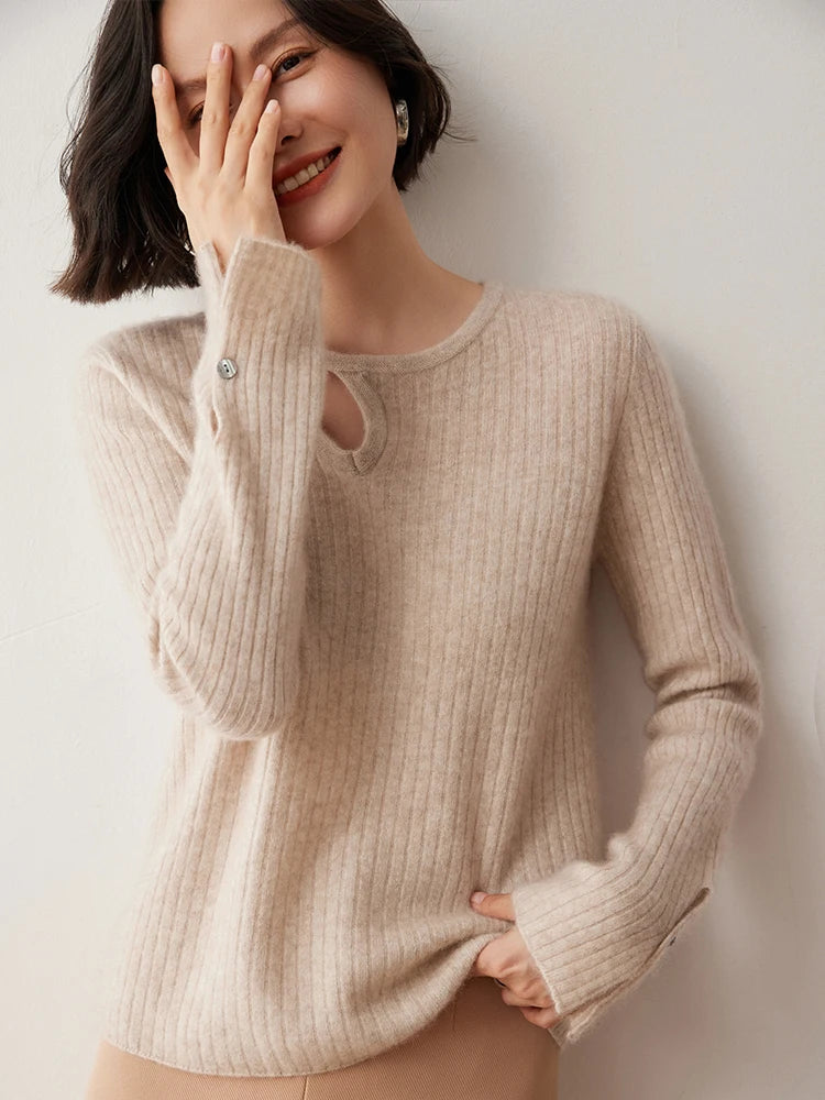 CHICUU Women's 100% Cashmere Knit Pullover Sweater Cut Out Collar Long Sleeve Pullover Autumn Winter Basic Cashmere Knitwear Top