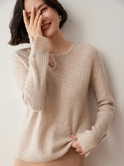 CHICUU Women's 100% Cashmere Knit Pullover Sweater Cut Out Collar Long Sleeve Pullover Autumn Winter Basic Cashmere Knitwear Top