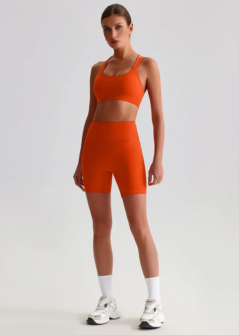 Solid Color High Impact Solid Gym Yoga Set Tight Legging Fitness Cross-back straps Bra Top 2pcs Soft Sport Suit  Women Sportwear