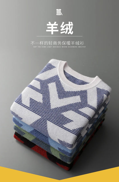 Men's Autumn Winter New 100% Cashmere O-Neck Sweater Fashion Knitted Jacquard Pullover Top Color blocked Thickened Men's Wear